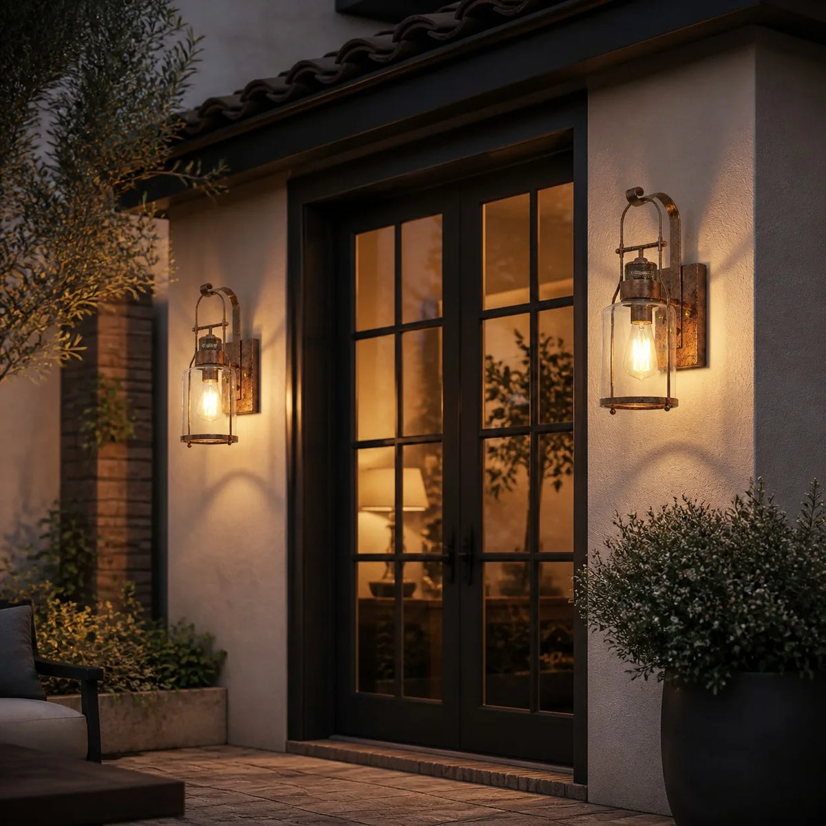 Dakota outdoor wall lantern glowing beside dark double doors at night
